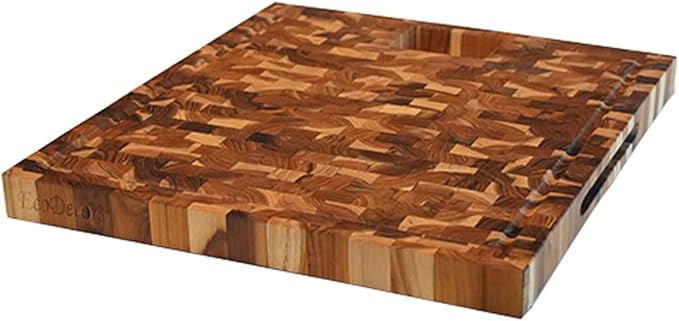 EcoDecors, Teak End Grain Cutting Board 17"x18", FSC Teakwood Butcher Block with Juice Groove