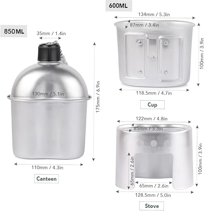 Camping cookware Set, 3pcs Cookware Set Aluminum Canteen Cup Wood Stove Set with Cover Bag for