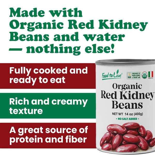 Food to Live Organic Italian Red Kidney Beans, 14 oz (Pack of 4) ??Unsalted, Non-GMO, Vegan. Ready