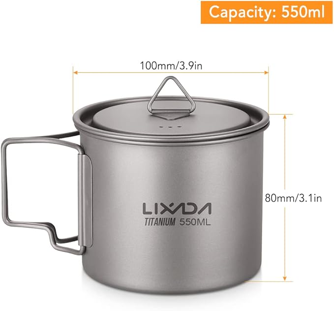 Lixada Titanium Pot, Lightweight Camping Pot Titanium Cup Titanium Backpacking Pot with Portable