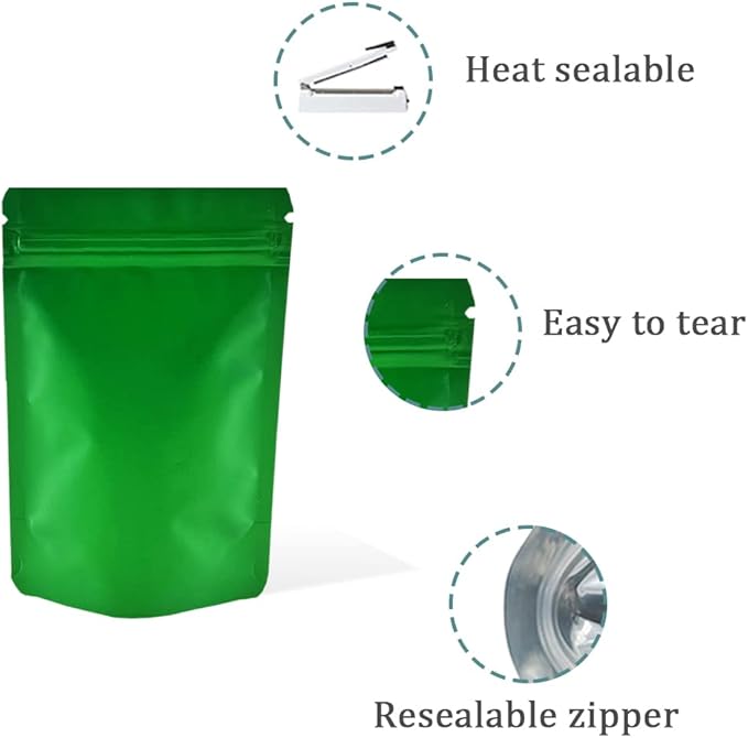 PABCK Stand-Up Resealable Heat Seal Bags 3.55mil Thick Frosted Green Foil Sealed Bags 50 Pieces