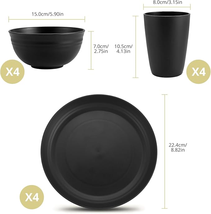 Plastic Camping Plates and Bowls Set, 12pcs Unbreakable Camping Dinner Set for 4, Reusable