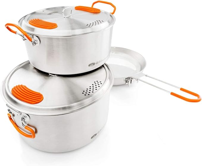 GSI Outdoors Glacier Stainless Steel Base Camper - Large - 3 Pieces Cookset - Compact, & Durable