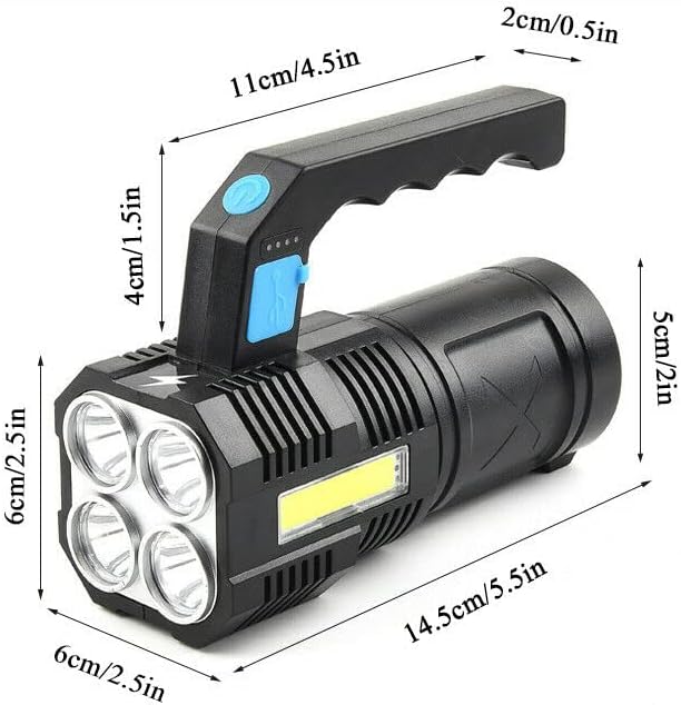 LED Flashlight USB Rechargeable, High Lumens Tactical Light with Sidelight, 4X LED, Zoomable