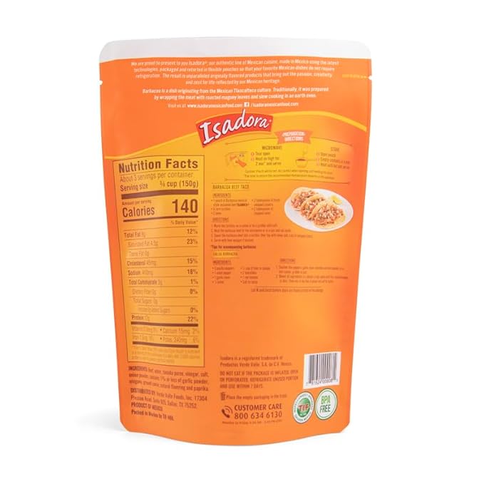 Isadora Fully Cooked Barbacoa Mexican Style 15 oz, Ready-to-eat, Seasoned Beef, Instant Meal, Shelf