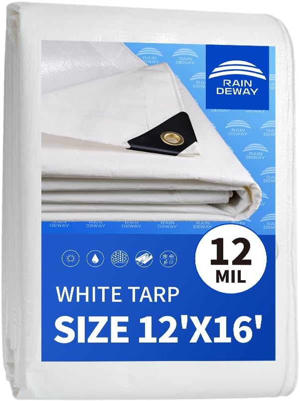 RAINDEWAY 12 Mil Heavy Duty White Tarp 12x16 Feet, UV Resistant, Waterproof, Weatherproof Poly Tarp