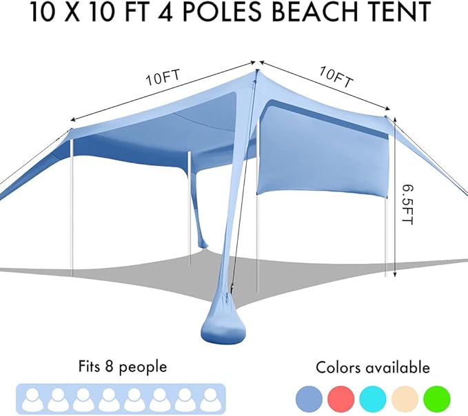 Beach Canopy Tent Shade with Sidewalls 10x10FT, 6.6FT Tall, UPF50+ Sun Shelter, Windproof & Water