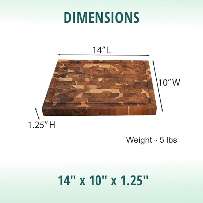 EcoDecors, FSC Teak End Grain Cutting Board 14x10, Compact Reversible Teakwood Cutting Board for