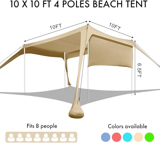 Beach Canopy Tent Shade with Sidewalls 10x10FT, 6.6FT Tall, UPF50+ Sun Shelter, Windproof & Water