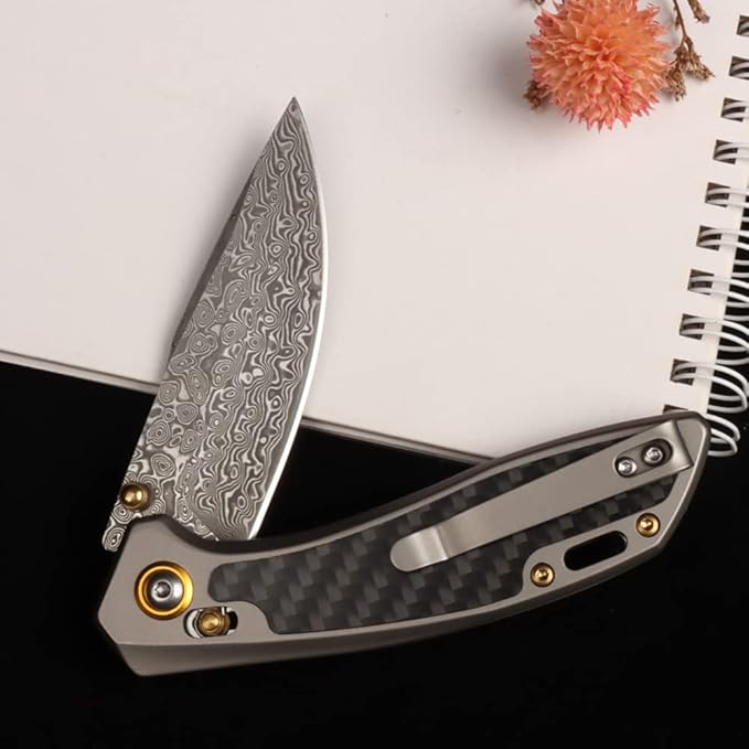 MASALONG Kni256 Pocket Knife, EDC Folding Knives, 3.77 "VG10 Damascus Blade, Carbon Fiber Alloy