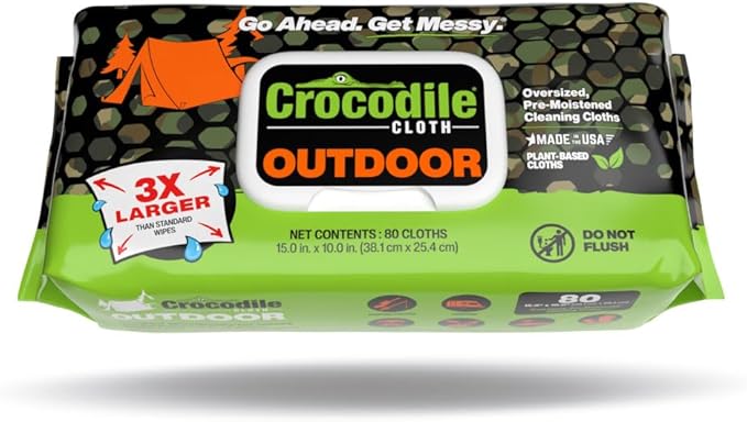 Crocodile Cloth Outdoor Cleaning Wipes ??80 Count Plant-Based Cloths (15"x10"), Skin Safe