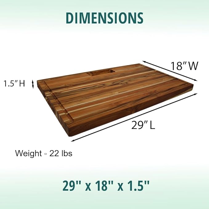 EcoDecors, Teak Edge Grain Cutting Board 29"x18", Solid FSC Teakwood Butcher Block with Juice