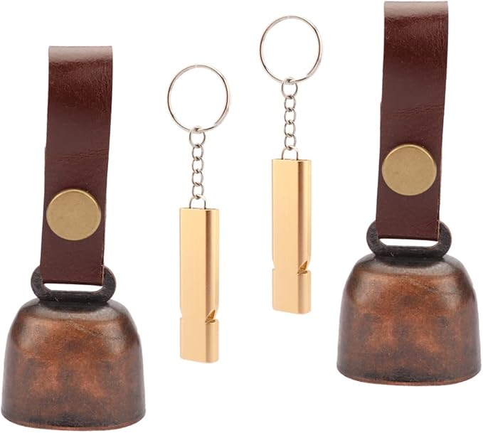 kcrygogo Loud Bear Bells with Leather Button Strap and Emergency Whistle for Survival, Hiking