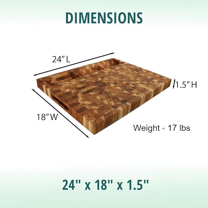 EcoDecors FSC Certified Solid Teak Wood Cutting Board 24x18, Large End Grain Butcher Block with