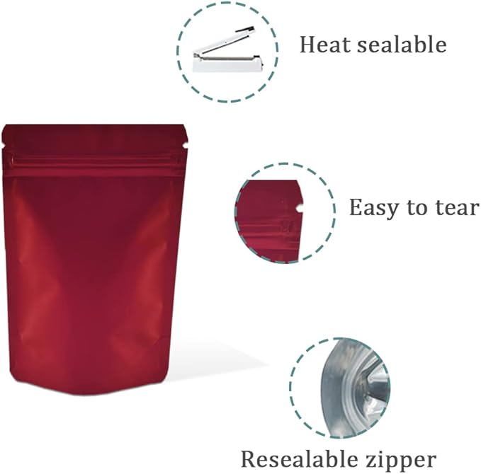 PABCK Stand-Up Resealable Heat Seal Bags 3.55mil Thick Frosted Red Foil Sealed Bags 50 Pieces