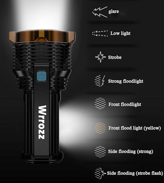 LED Flashlight USB Rechargeable, Super Brightest Flashlight with Sidelight and Hooks, 8 Modes