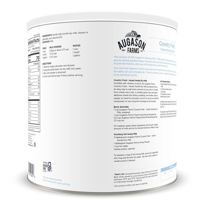 Augason Farms Country Fresh Instant Nonfat Dry Milk Can, Emergency Food Supply, Everyday Meals, 39