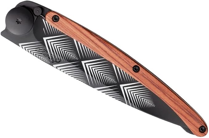 deejo - 0.9 OZ, Black Titanium, Coral Wood, Art Déco - Ultra-Light Folding Pocket Knife with a Belt