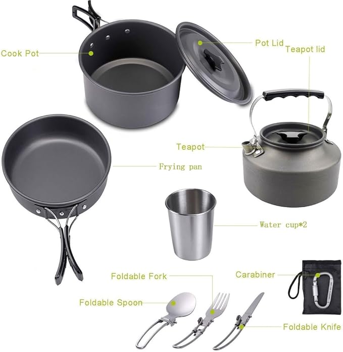 Camping Cookware Set Lightweight Portable Pot Pan Kettle Cups Spoon Fork Cutter with Carry Bag for