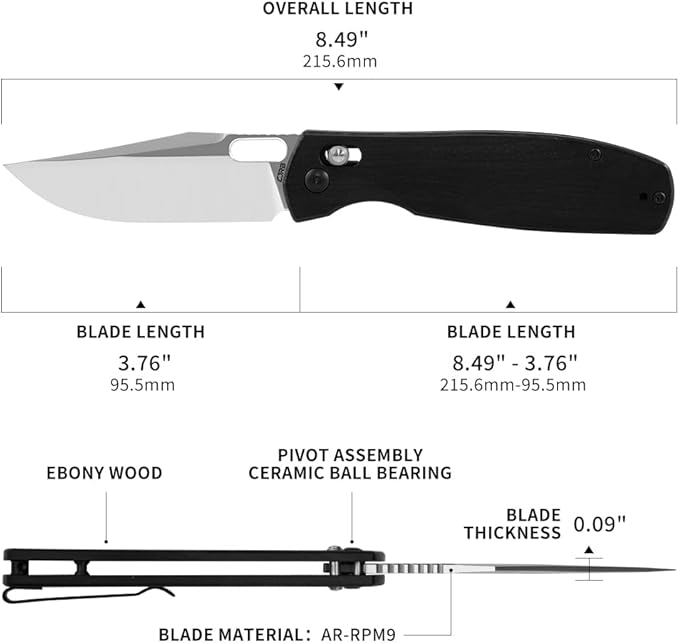 CJRB Prado Folding Pocket Knife 3.76" AR-RPM9 Sand Polish Steel Blade Ebony Handle Crossbar Lock