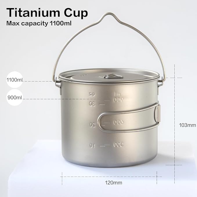1100ml Titanium Camping Pot with Lid & Bail Handle, Lightweight Backpacking Cookware for Outdoor