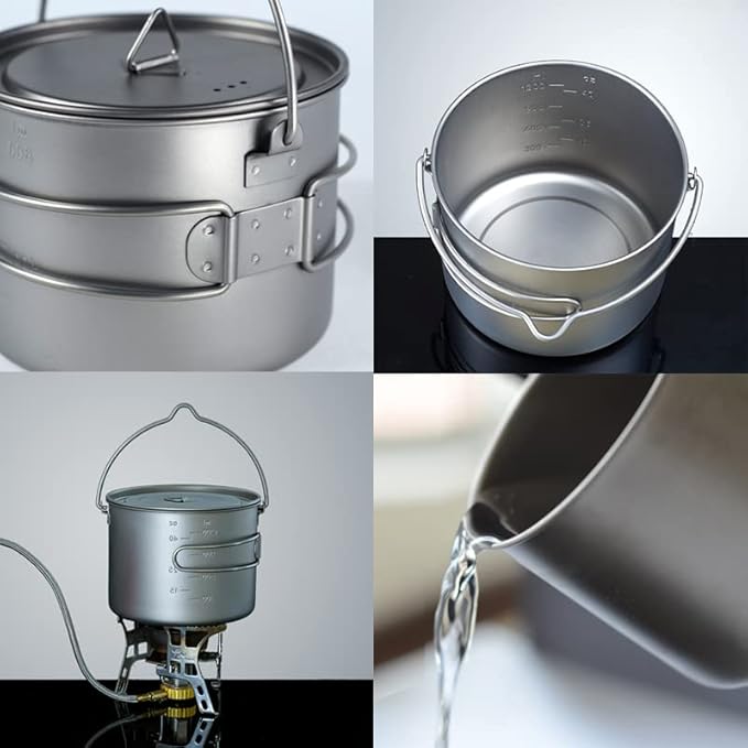 1100ml Titanium Camping Pot with Lid & Bail Handle, Lightweight Backpacking Cookware for Outdoor