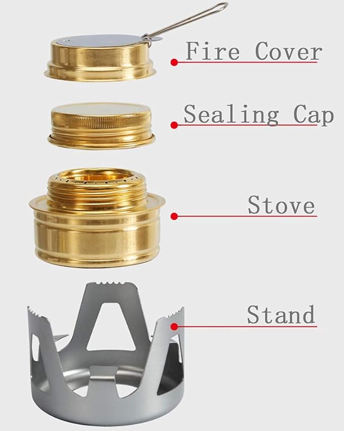 Mini Alcohol Backpacking Stove, Lightweight Brass Spirit Burner with Aluminium Stand for Camping