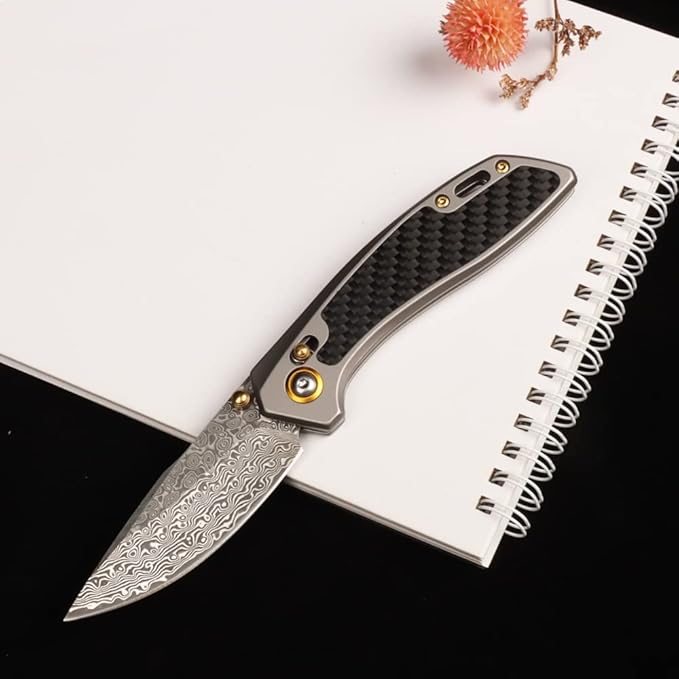 MASALONG Kni256 Pocket Knife, EDC Folding Knives, 3.77 "VG10 Damascus Blade, Carbon Fiber Alloy