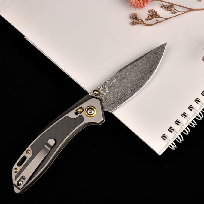 MASALONG Kni256 Pocket Knife, EDC Folding Knives, 3.77 "VG10 Damascus Blade, Carbon Fiber Alloy