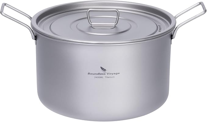 iBasingo 2.4L Titanium Soup Pot with Lid Camping Cookware with Foldable Handle Portable Lightweight