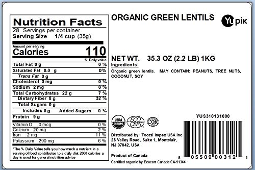 Yupik Organic Green Lentils, 2.2 lb (35.2 oz), Pack of 6, Non-GMO, Vegan, Gluten-Free, Kosher, Raw