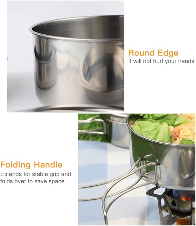 Lixada Camping Cookware Set, 4PCS Portable Stainless Steel Camp Cook Set, Lightweight Stackable