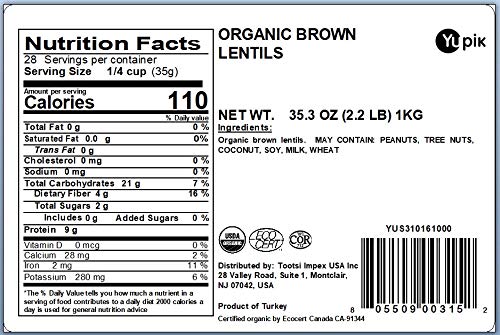 Yupik Organic Brown Lentils, 2.2 lb (35.2 oz), Pack of 6, Non-GMO, Vegan, Gluten-Free, Kosher, Raw