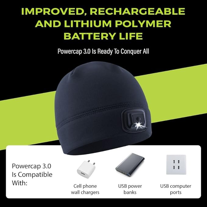 POWERCAP LED Hat Light 150 Lumens Rechargeable Fleece Beanie with Bright Built-in Headlamp
