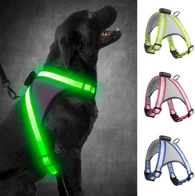 Visinite LED Dog Harness, USB Rechargeable Light Up Dog Vest, 2 Illuminate Modes Glow in The Dark