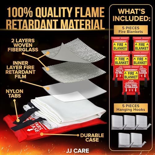 JJ CARE Fire Blanket ??5 Packs with Hooks ??40??x 40??Fire Blankets Emergency for Home and Kitchen