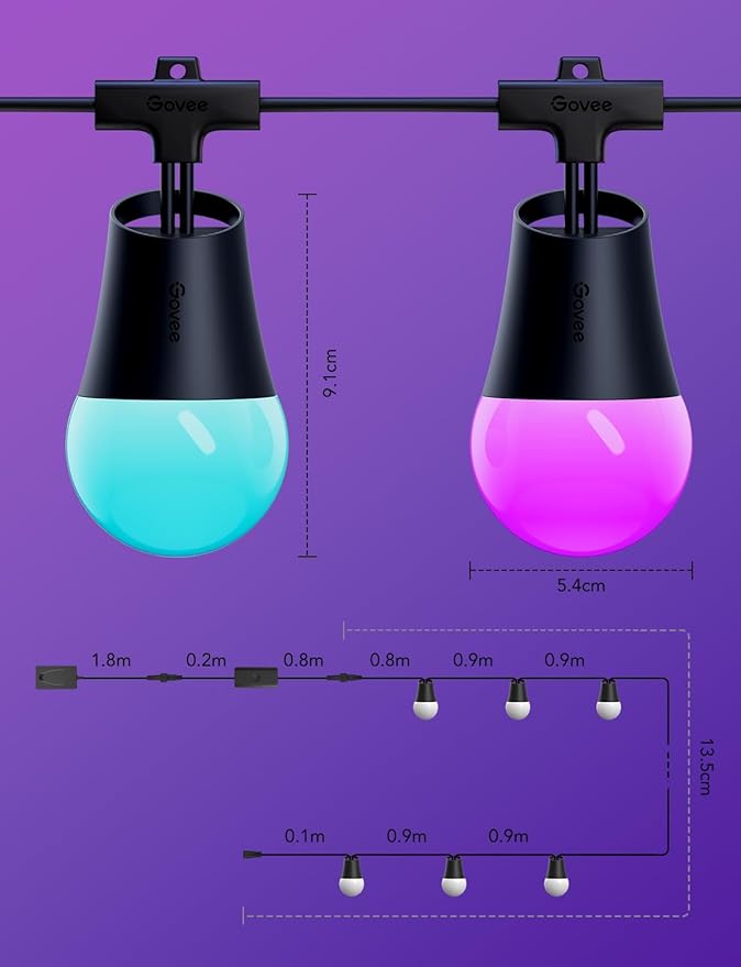 Govee Smart Outdoor String Lights 2, 48ft Outdoor Lights with Dimmable Warm White LED Bulbs, 47