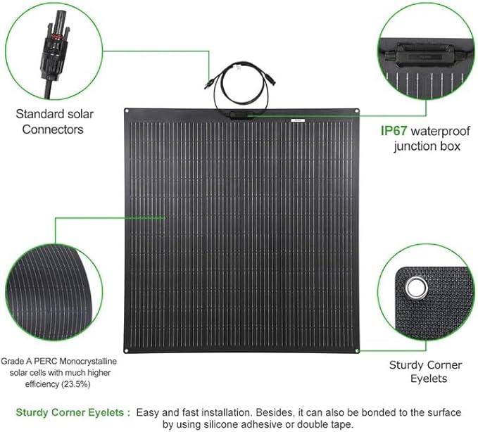 LensunSolar Flexible Solar Panel 200W 12V ETFE 9BB,44in x 35.6in Semi-Flexible Bendable Mono Solar