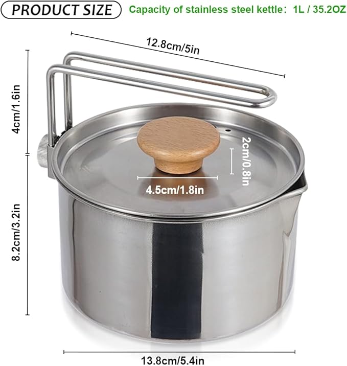 Stainless Steel Camping Pot with Lid and Removable Handle, Light Weight Outdoor Camping Kettle