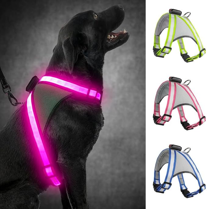 Visinite LED Dog Harness, USB Rechargeable Light Up Dog Vest, 2 Illuminate Modes Glow in The Dark