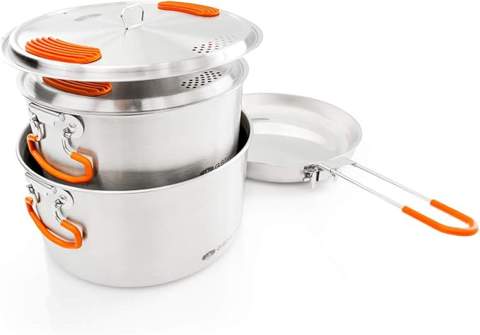GSI Outdoors Glacier Stainless Steel Base Camper - Medium - 3 Pieces Cookset - Compact, & Durable