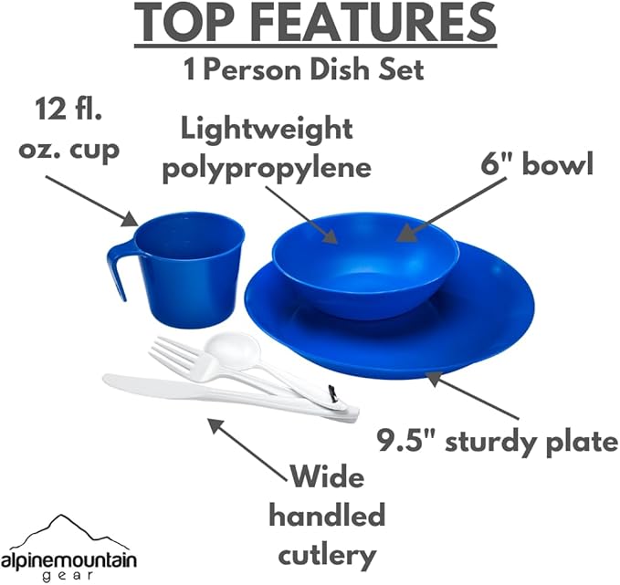 1-Person Camping Dish Table Set, Washable/Reusable Polypropylene Dinnerware Set for Camping and
