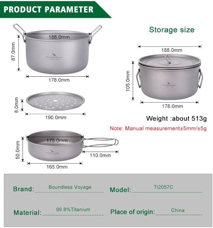 Boundless Voyage Multifunctional Titanium Steamer Pot with Frying Pan and Vented Lid Outdoor