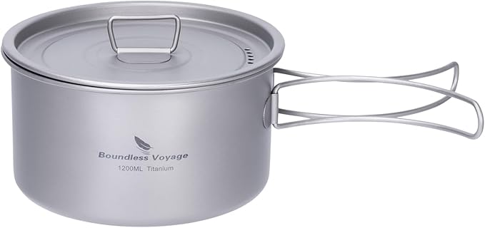 iBasingo 1.2L Titanium Soup Pot with Lid Camping Cookware with Foldable Handle Portable Lightweight