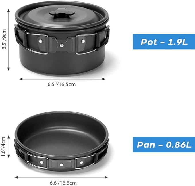 Camping Cookware Set Lightweight Portable Pot Pan Kettle Cups Spoon Fork Cutter with Carry Bag for