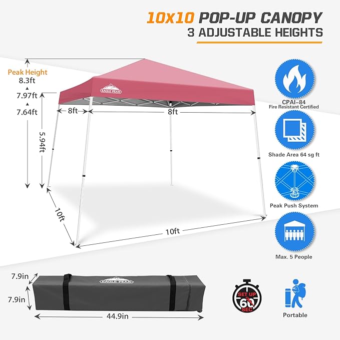 EAGLE PEAK 10x10 Slant Leg Pop-up Canopy Tent Easy One Person Setup Instant Outdoor Beach Canopy