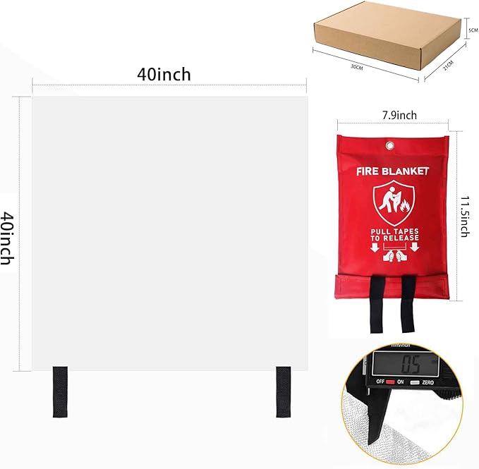 Emergency Fire Blanket for Home Kitchen 40"x40" 2 Pack with Gloves and Hooks Flame Suppression