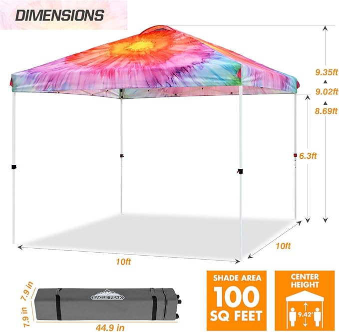 EAGLE PEAK Pop Up Canopy Tent with Wheeled Carry Bag, 8 Stakes, 4 Ropes, 4 Weight Bags, Easy Set Up