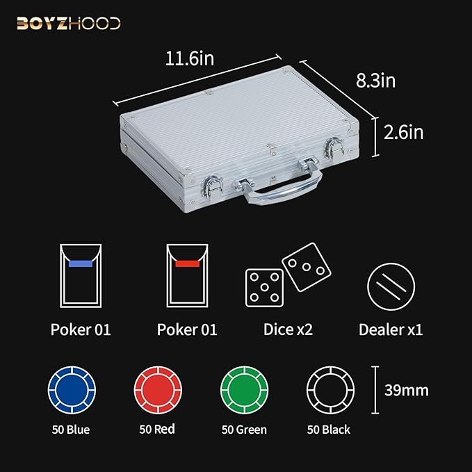Boyzhood Poker Chips,200Pcs Poker Set with Aluminum Travel Case,11.5 Gram Poker Chips Set for Texas