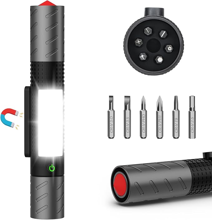 Rechargeable Flashlight, Includes Screwdriver, Window Breaker, 4 Main Lighting Modes, 3 Side